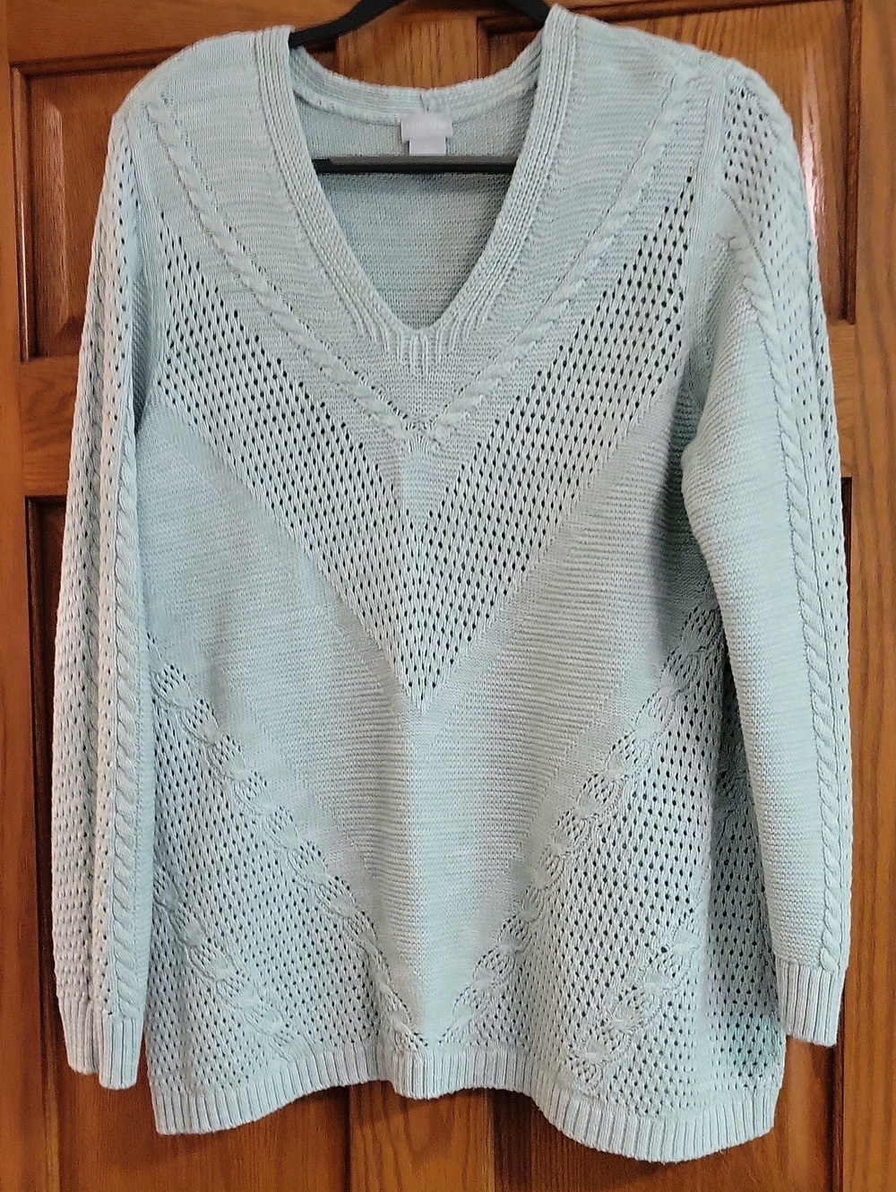 Light Green V-Neck Open Stitch Women's Sweater